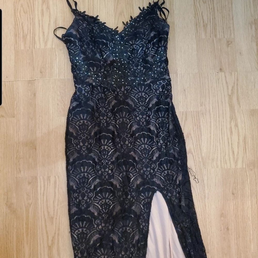 Black Lace & Sequin Spaghetti-Strap Evening Dress